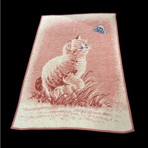 Vintage Rare Ibena Throw Blanket Cat Kitten Butterfly Pink Blue Made Germany